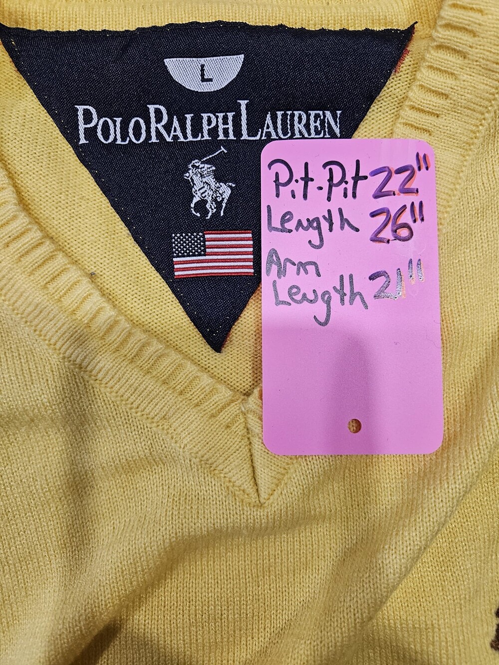 Polo Ralph Lauren Vintage Yellow V-Neck Sweater – Brown Elbow Patches – Size L - Picture 8 of 9